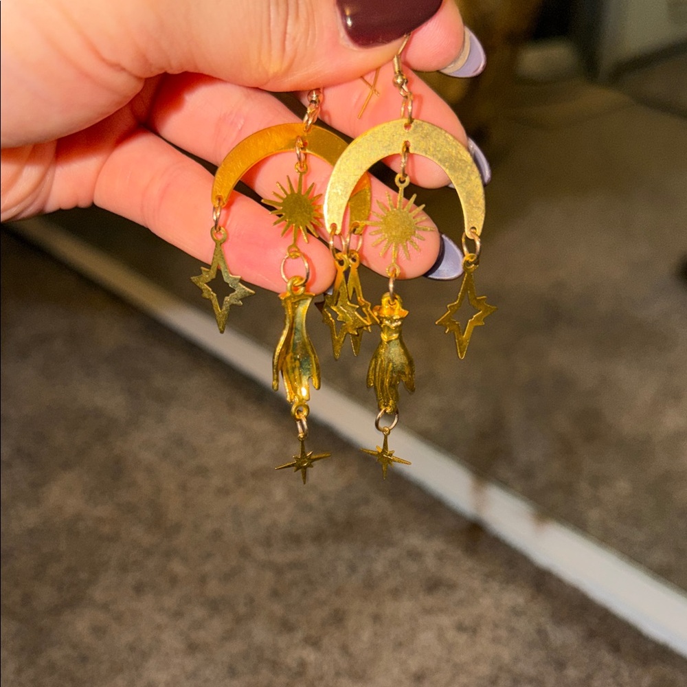 Renfaire/fairy/cottage core/witchy Gold Celestial Dangle Earrings